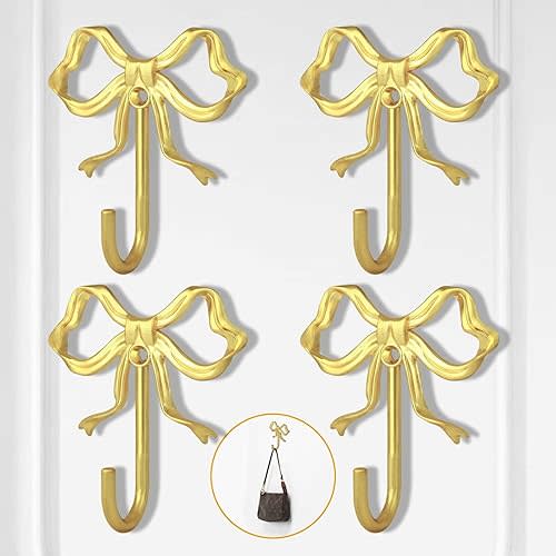 XHIPY 4 PCS Large Size Gold Bow Wall Hook, Gold Coat Hook, Metal Hooks, Bow Room Decor Hooks for Coats, Hats, Bags, Bath Towels and Girls Room Decor