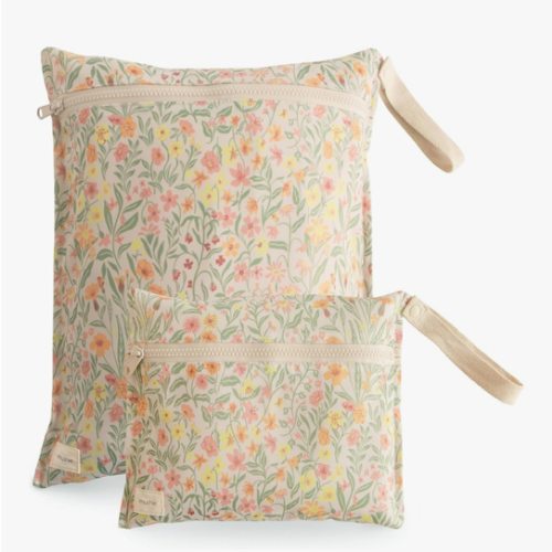 mushie Water Resistant Wet Bags | Large & Small Reusable Storage Bag for Baby Items and Travel | Zippered Pockets with Handle | Machine Washable, Set of 2 (Pastel Blooms)