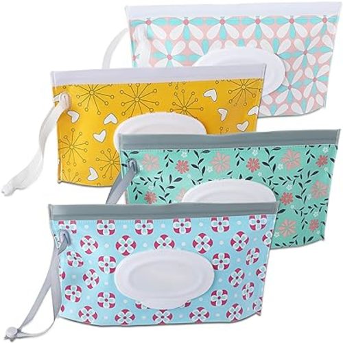 FEBSNOW 4 Pack Baby Wipe Dispenser, Portable Refillable Wipe Holder, Baby Wipes Container, Wipe Dispenser, Reusable Travel Wet Wipe Pouch (Floral)