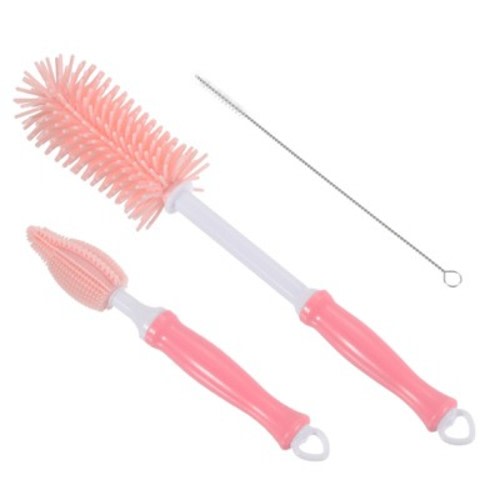 Unique Bargains Long Handle Silicone Water Bottle Cleaning Brush Kit Pink
