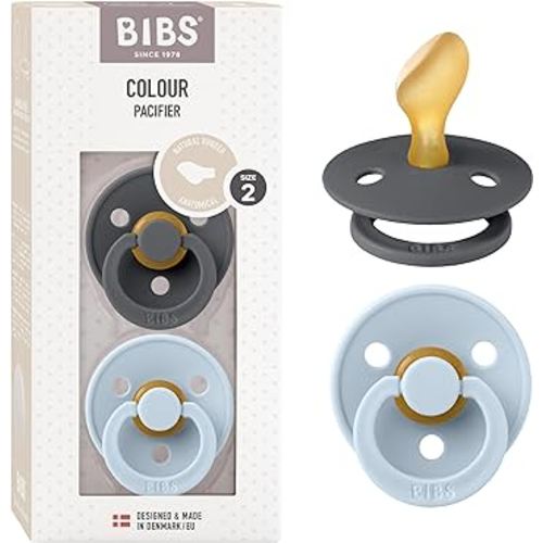 BIBS Pacifiers 6-18 Months | 2-Pack Soothers | Anatomical Nipple | BPA-Free Natural Rubber | Made in Denmark | Iron/Baby Blue Colour Pacifier