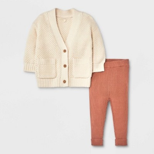 Grayson Collective Baby Cardigan & Ribbed Leggings Set - Cream/Brown, Size: 0-3M