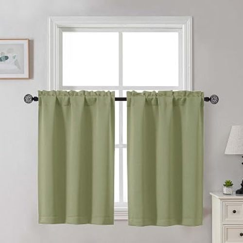 Gwine Sage Green Blackout Curtains for Small Window Treatment, Light Blocking Short Kitchen Window Curtains Over Sink, Rod Pocket Half Window Tiers for Bathroom Basement, Each 30" Wx36 L, 2 PCS