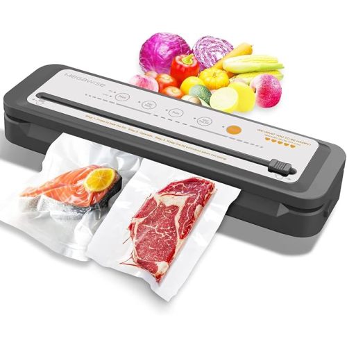 Updated Vacuum Sealer Machine 2025, MEGAWISE Food Sealer w/Starter Kit, Dry & Moist Food Modes, Compact Design with 10 Vacuum Bags & Built-in Cutter (Grey)