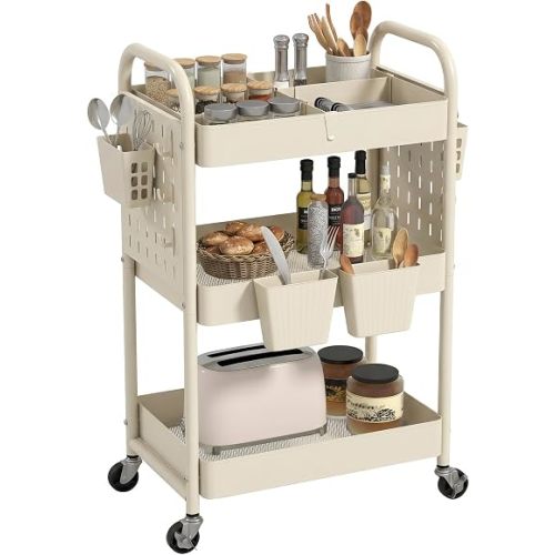danpinera 3 Tier Rolling Cart with Retractable Dividers, Multi-Functional White Rolling Utility Cart with Pegboards, Hooks & Hanging Cups for Nursery, Living Room, Studio