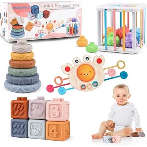 Montessori Baby Toys 6-12 Months, Toddlers Baby Toy 1 Year Old Boys Girls for 0, 6, 12 Months, Pull String Teether, Infant Stacking Blocks, Sensory Shapes Bin, 4 in 1 Infant Toy Set