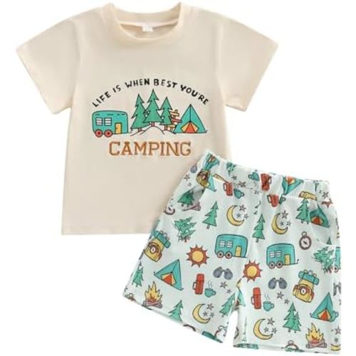 Baby Boy Summer Camping Outfit Short Sleeve t Shirt Print Shorts Casual Letter Toddler Clothes 2Pcs Shorts Set