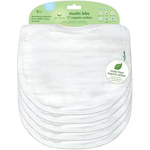 green sprouts Muslin Bibs Made from Organic Cotton| 4 Absorbent Layers Protect from sniffles, Drips, & drools | 100% Organic Cotton Muslin, Adjustable snap Closure, Machine Washable,5 Count