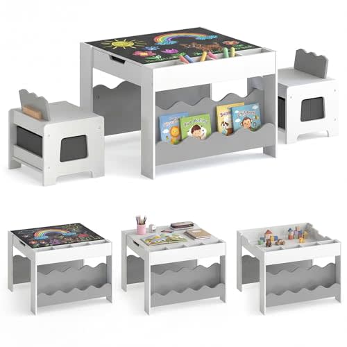 Costzon Kids Table and Chairs, 4-in-1 Toddler Desk Set w/Bookshelf (Gray) | Wooden Art & Craft Table Set w/ Double-Sided Tabletop, Chalkboard, Scalloped Side Rack & Fabric Drawers, for Activity Play