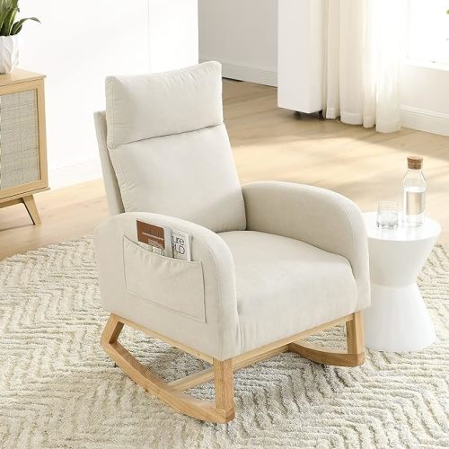 Nursery Rocking Chair with Solid Wood Legs, Glider Chair for Nursery with Two Side Pockets, Rocker Armchair for Living Room Bedroom (Beige, Linen Fabric) - A-beige-linen