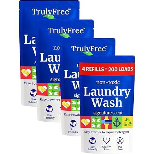 Truly Free Natural Laundry Detergent for Sensitive Skin | Eco Friendly, Plant Based, Baby Clothes Safe | Clean & Easy Powder to Liquid, 4 Pack Refill Detergent, NO Jug | Signature Scent, 200 Loads