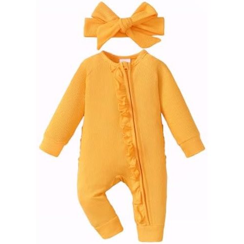 Mikrdoo Newborn Infant Baby Girl Clothes Fall/Winter Outfits One-Piece Long Sleeve Zipper Rompers with Headband for 0-18M