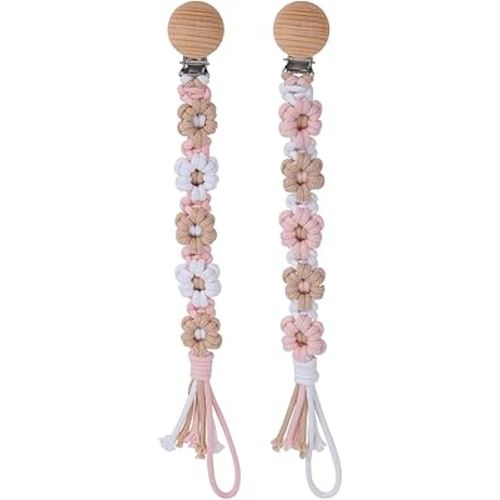 Pacifier Clip for Boys Girls Floral Daisy Macrame Baby Paci Clip Pacifier Holder Leash Boho Wooden Clips Handmade Braided Cotton Binky Clips (2pack:Khaki Style × 2)