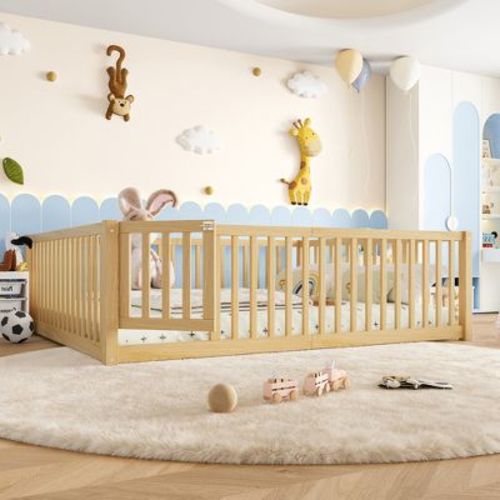 Bellemave Queen Floor Bed with Safety Guardrails,Pine Floor Bed Frame with Door for Kids,No Box Spring Needed,Natural