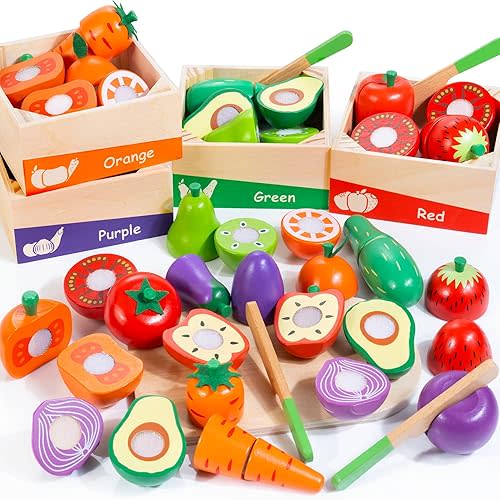 Wooden Play Food for Toddlers, Color Food Groups, Fruit & Veggies Cutting Set, Pretend Play Food Kitchen Accessories for 3 4 5 6 7 Years Old Boys & Girls