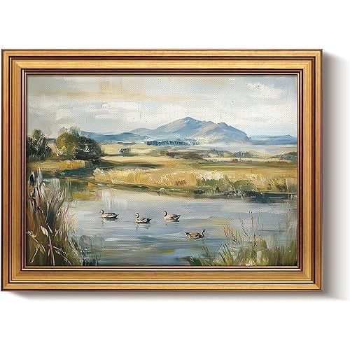 Bzstyleart Vintage Wall Art Decor for Living Room,Gold Framed Canvas Wall Art Home Decor Aesthetic,Ducks Pond Landscape Prints,Canvas Picture Print Artwork,12 x 16 Inch