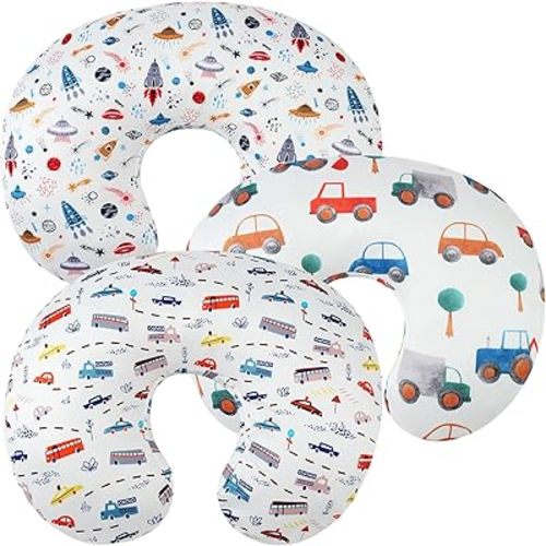 Nursing Pillow Cover Set 3 Pack Nursing Pillow Slipcovers for Moms Breastfeeding Moms, Ultra-Soft Stretchy Fit Standard Nursing Pillows Rocket Satellite,Car & Bus