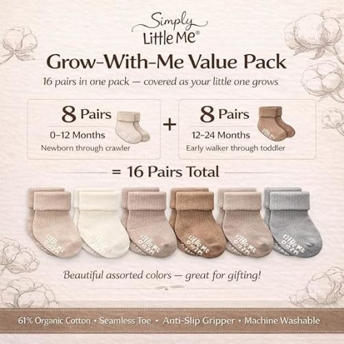 Little Me Baby Socks 16 Pairs | 61% Organic Cotton | Sizes 0-12M & 12-24M | Seamless Toe & Anti-Slip Gripper Sole