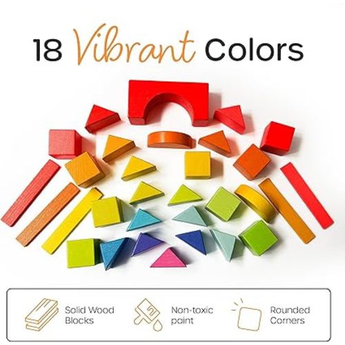 Quiggly Montessori Wooden Rainbow Building Blocks Set | 68-Piece Educational STEM Toy for Toddlers | Includes Storage Box with Carry Handles | Ideal for Ages 12-48+ Months (Wooden Storage Box)