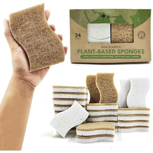 AIRNEX Natural Kitchen Sponges (24 Pack) - Biodegradable Cellulose & Coconut Scrubber Dish Sponges for Kitchen - Eco-Friendly, Non Scratch, Compostable, Non Toxic S-Shaped Natural Sponges for Dishes