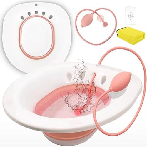 Sitz Bath for Toilet Hemorrhoids Postpartum Care, Perineal Soaking Bath Over The Toilet Seat, Collapsible Sitz Basin with Flusher for Vaginal Anal Inflammation Treatment, Yoni Steam Seat