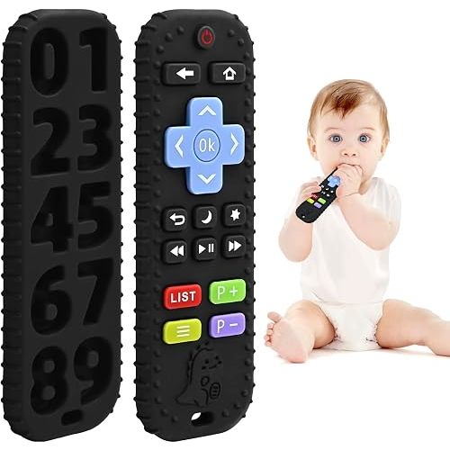 Teething Relief Teethers Toys for Babies 3-6 12 Months Easter Gifts, Silicone TV Remote Control Baby Teether Bath Toys for 3 6 9 Months Newborn Infant Boy Girl Autism, Food Grade Silicone Sensory Toys, Black