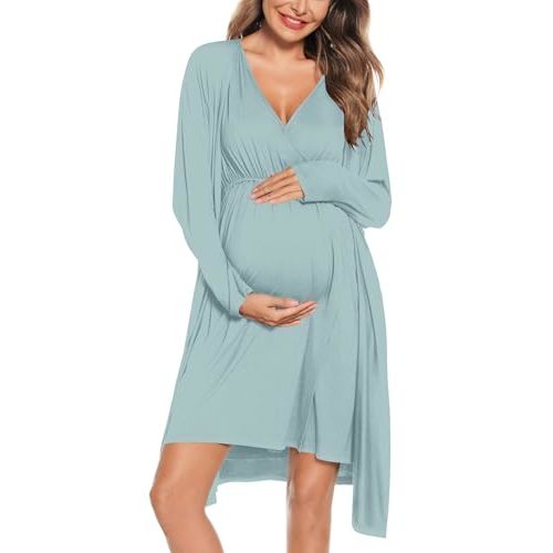SWOMOG Women Maternity Nursing Gown and Robe Set 3 in 1 Labor Delivery Nursing Nightgown for Breastfeeding Hospital Bathrobe