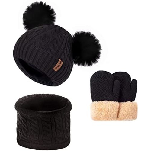 Kids Winter Beanie Scarf Gloves Set with 2 Pompom - Thermal Thick Fleece Lined Hat, Neck Warmer & Mittens for 1-10 Boys Girls