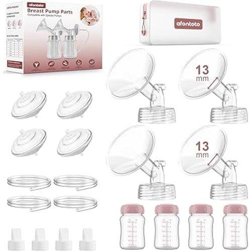 Pump Parts Compatible with Spectra S1/S2/9Plus Breastpump, 4 Set Replacement Pump Parts for Spectra Include 13mm Flange, Duckbill Valve, Backflow Protector, Tube, Bottle, Not Original Accessories