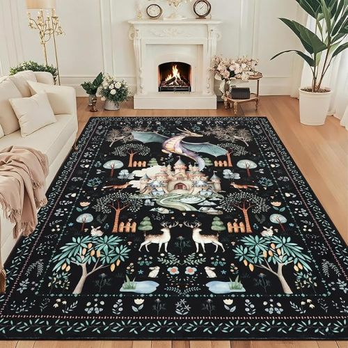 nesrt Washable Area Rugs for Living Room Bedroom 6x9ft, Black Dragon Animal Print Dining Room Rugs, Soft Large Botanical Forest Kids Nursey Playroom Floor Carpets for Farmhouse Study Home Office Decor
