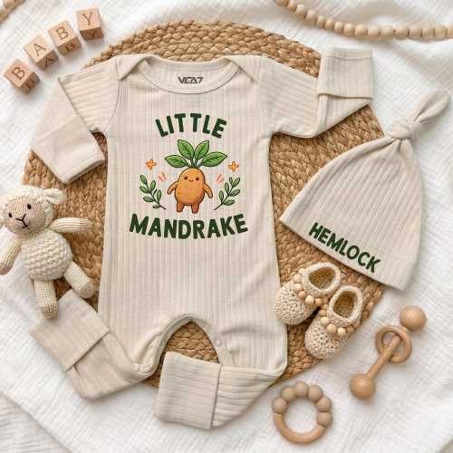 Little Mandrake Baby Bodysuit and Hat Set, Magical Botanical Infant Clothing, Magical Baby Shower Gift