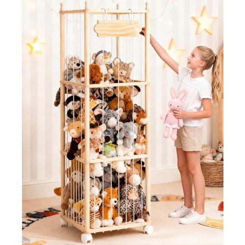 Stuffed Animal Storage - Wooden Large Organizer Holder for Kids' Room and Playroom - Plush Zoo Animals Holder with Elastic Cords & Brake Wheel for Toddler Bedroom Toy Stuff Organization