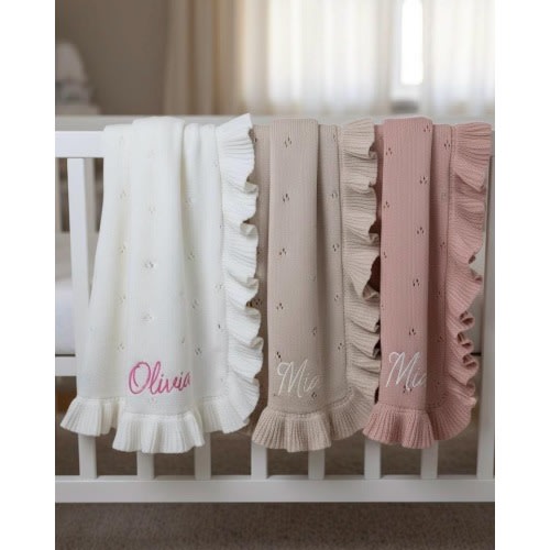 Newborn Name Blanket, Baby Girl Gift, Birth Announcement Blanket, Ruffle Edge Knit Cotton