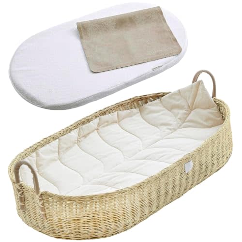 BEBE BASK Premium Baby Changing Basket - Changing Basket for Baby Dresser | Handwoven, Award Winner, Rattan Basket, Changing Pad and Liner Included, Nursery Dresser, Complete Set, Wicker Moses Basket