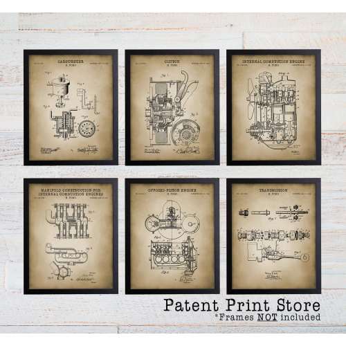 Henry Ford Patent Prints, Car Engine Blueprint Art (Set of 6)