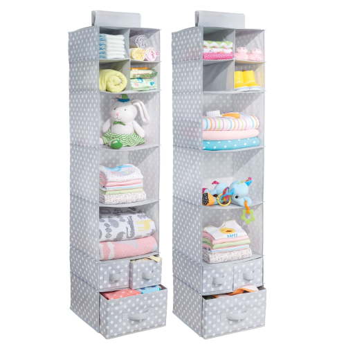 mDesign Nursery Hanging Organizer - 7 Shelves/3 Drawers, 2 Pack, Gray/White Dot