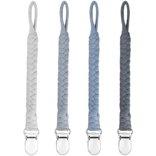 4 Pcs Pacifier Clip, Pacifier Clips for Boys & Baby Girls Pacifier Holder Clip Binky Clips Braided 100% Handmade Fits All Pacifiers(Grey, 4 Pack)
