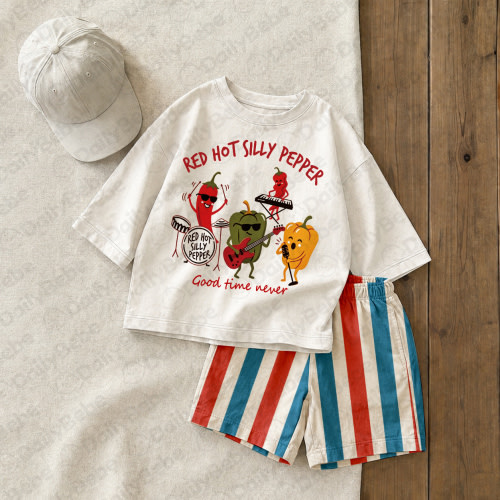 RED HOT SILLY PEPPER Baby & Kids Pepper Tee and Stripe Shorts Sets