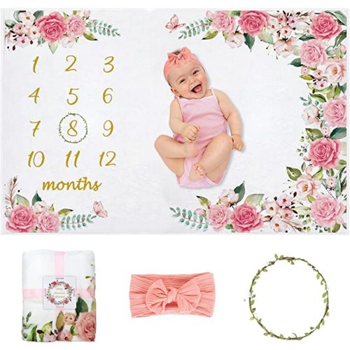 Baby Monthly Milestone Blanket Girl, Milestone Blanket for Baby Girl, Track Growth and Age, Newborn Shower Gifts for Mom, Includes Floral Wreath & Pink Bow Headband, 60" X 40"