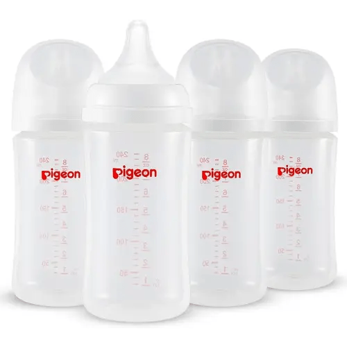 Pigeon PP Nursing Bottle Wide Neck, Anti-Colic, Streamlined Body, Natural Feel, Easy to Clean, 8.1 Oz(Pack of 4), Includes 4pcs M Nipples (3m+)