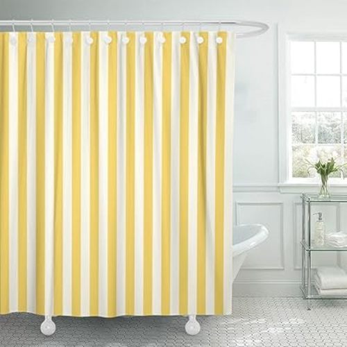 Emvency Shower Curtain Waterproof White Stripe Striped Stamp Yellow Sleepwear Apparel Products Vertical Polyester Fabric 60 x 72 Inches Set with Hooks