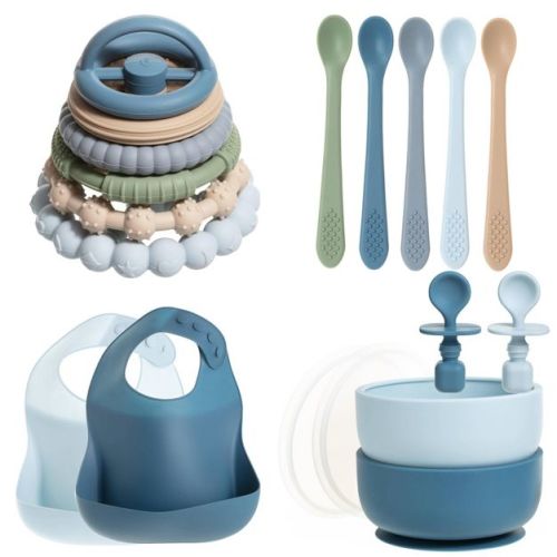 Silicone Baby Essentials Set – Blue Stacking Toy, Feeding Bibs, Suction Bowls with Spoons & First-Stage Spoons – BPA-Free, Safe for Infants & Toddlers
