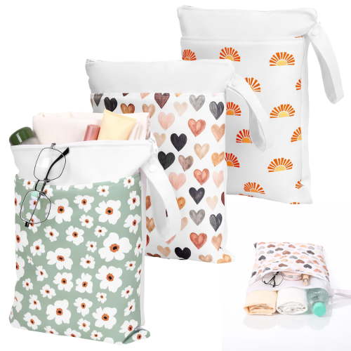 3 Pack Wet Dry Bags Waterproof Reusable Washable Cloth Diaper Nappy Bag with Zipper Closure for Baby Item Swimming Beach Travel