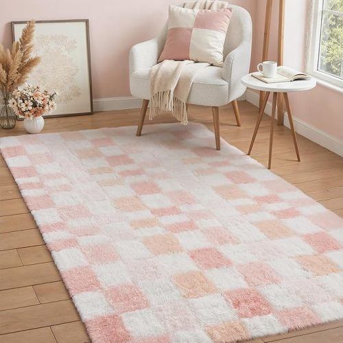 4x6 Pink Area Rug Fluffy Shag Checkered Living Room Throw Rug Washable Non-Slip Soft Pile Fuzzy Carpet for Bedroom Dorm Bathroom Dining Room Home Aesthetic Decor Office