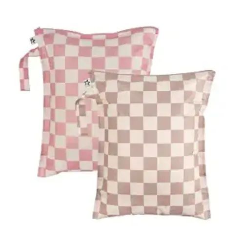 Tiny Twinkle Mess Proof Wet Bags | 2-Pack Reusable Waterproof Wet Bags for Swimsuits | Baby Clothes | Travel & Diaper Bag (Pink, Brown Checkers)
