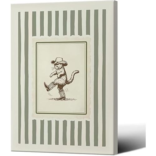 Cowboy Cat Wall Art, Funny Western Animal Poster, Green Stripes Vintage Canvas Print, Whimsical Country Farmhouse Wall Decor For Bedroom Living Room 12X18 in Unframed