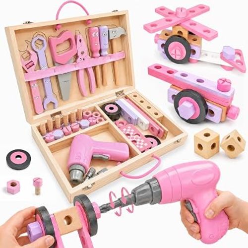 44-Pcs Toddler Tool Set, Wooden Tools for Kids Ages 3-5 with Drill and Box