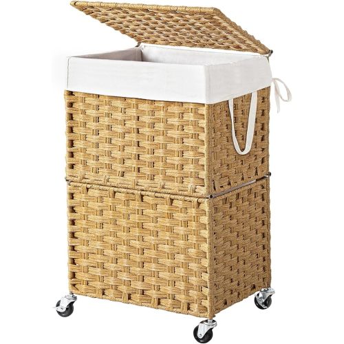Chrislley 90L Slim Laundry Hamper with Wheels, Rolling Laundry Basket with Lid and Renovable Liner Bag, Handwoven Rattan Organizer for bedroom, bathroom, laundry room (Yellow)