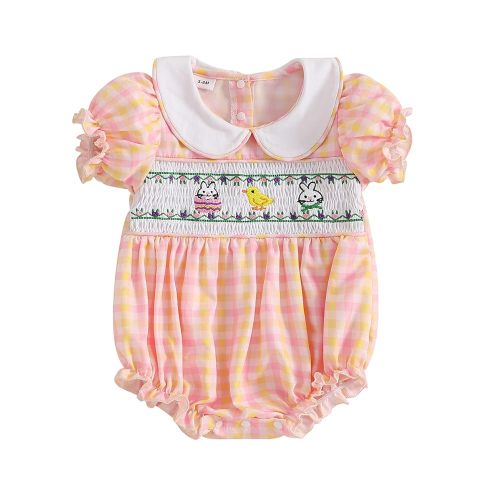Newborn Baby Girl Romper Bow Embroidery Peter Pan Collar Short Sleeve Bubble Bodysuit Summer Clothes (Rabbit Orange, 3-6 Months)