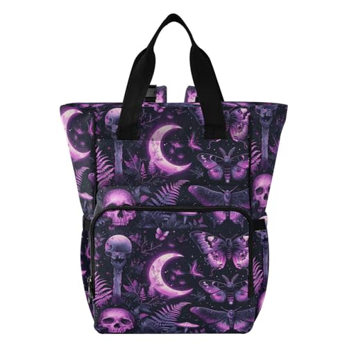 Diaper Bag Backpack, Purple Butterfly Skull Multifunction Travel Bag for Moms Dads